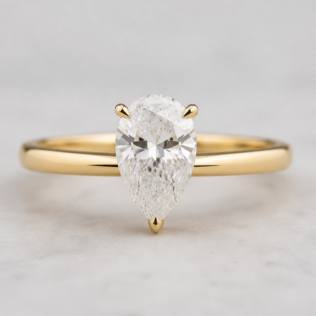 Plain pear shaped diamond engagement ring with gold band
photorealistic jewelry design, Plain pear shaped diamond engagement ring with gold band, modern style, just the design no text