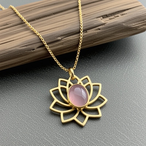 Золотая матовая цепочка. Подвеска матовая лотос шесть лепестков нижние лепестки крупнее верхних  не круглый . В сердце лотоса матовый розовый кварц овальный