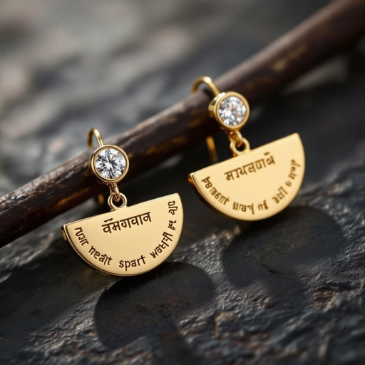 Серьги золотые в форме изогнутого изящного полумесяца, полукруг как продолжение застежки, на полукруге надписи мантрами на санскрите