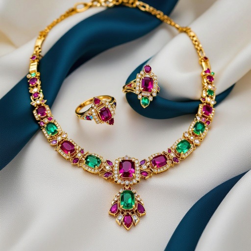 Necklace and ring and earring with luxury colorful jewel with gold