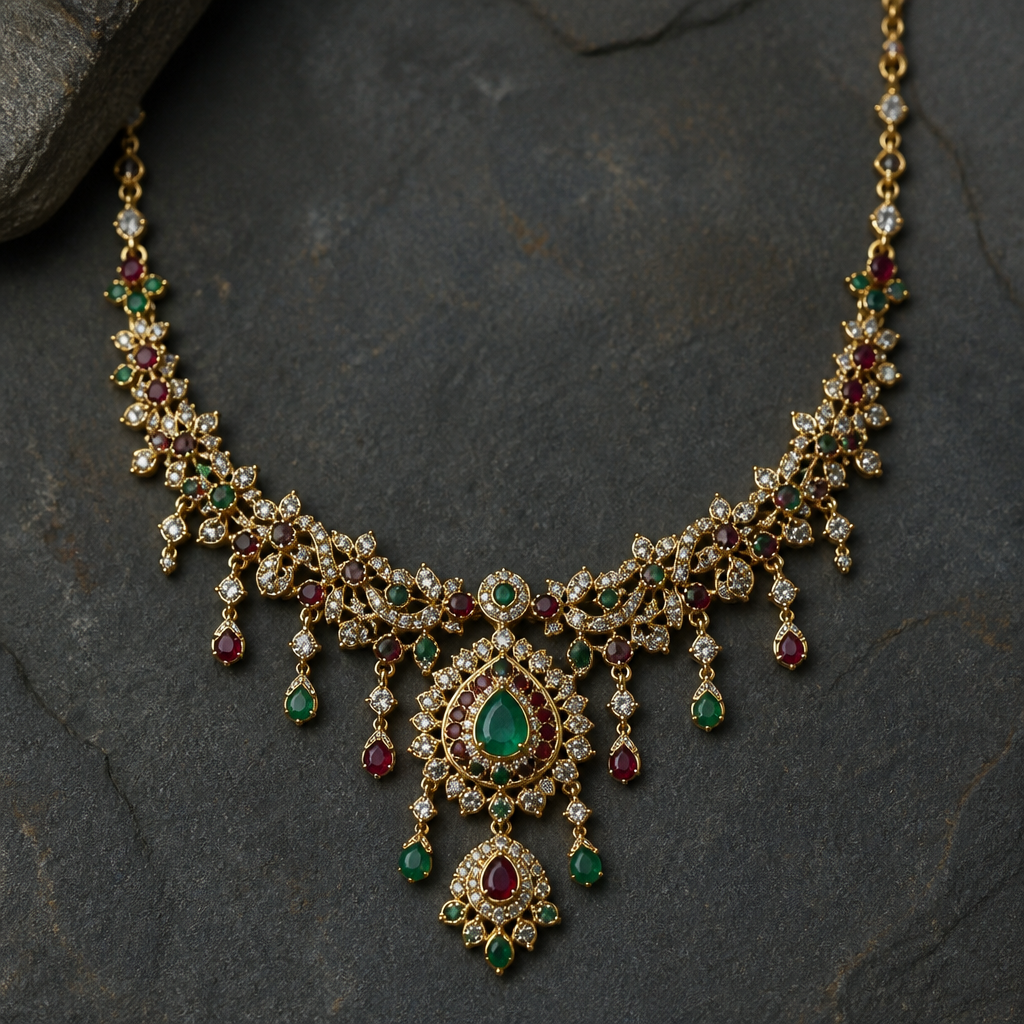 A bohemian women's necklace made of gold with diamond and emerald and ruby stones suitable for party
photorealistic jewelry design, A bohemian women's necklace made of gold with diamond and emerald and ruby stones suitable for party, bohemian style, just the design no text