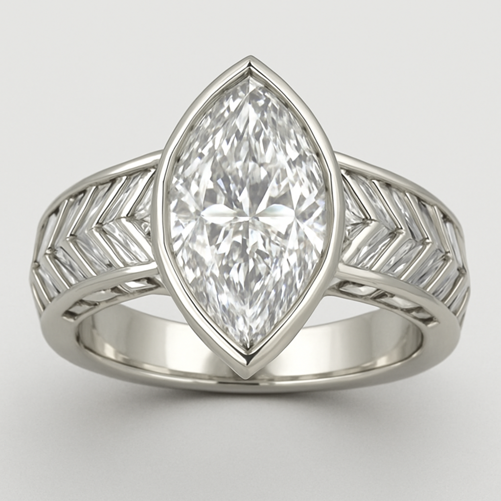 Bezel set 6 carat marquise diamond center stone with baguette diamonds in a herringbone pattern in the band