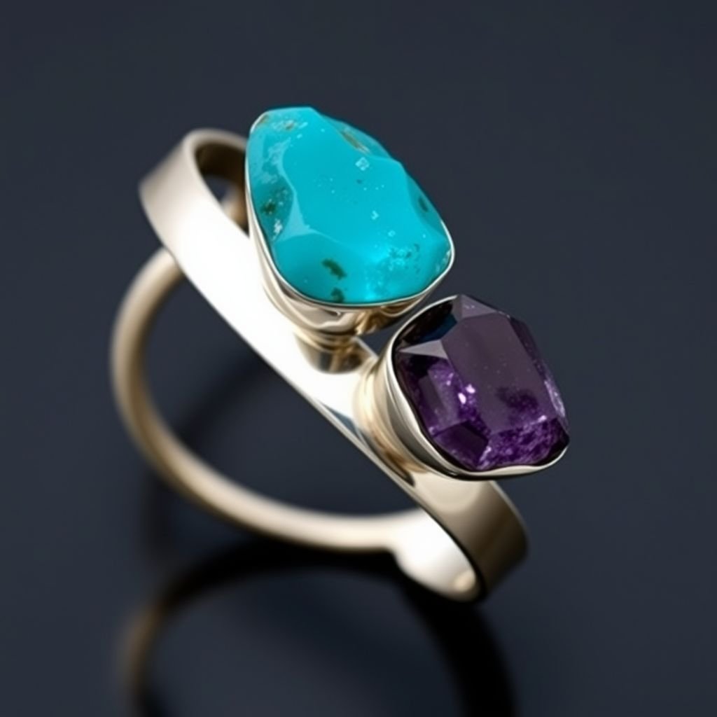 Craft a minimalist silver adjustable ring that delicately embraces the finger. Feature two striking raw natural gemstones—allowing their organic textures and colors to stand out. The design exudes earthy elegance, merging modern style with raw, untamed nature.