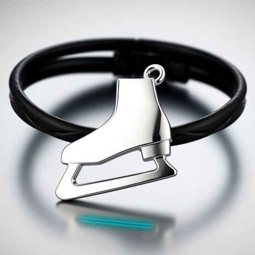 Bracelet black leather with silver ice skate and turquoise stripe inside the low thin part blade