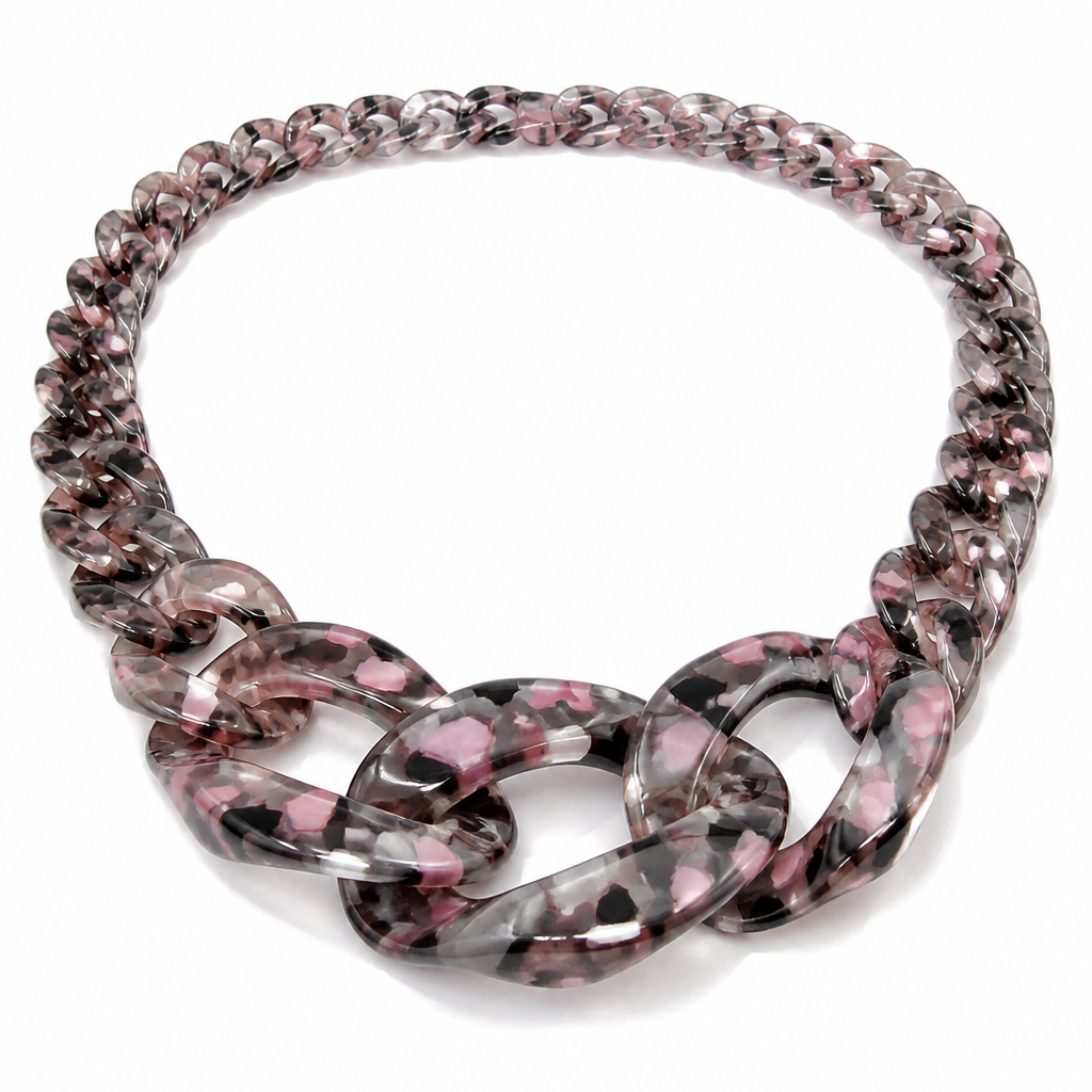 A women's necklace. create a chunky Cuban Link style plastic chain that is o graduated and exaggerated in the first front three links that is translucent confetti lucite of dark gray and pink
photorealistic jewelry design, A women's necklace. create a chunky Cuban Link style plastic chain that is o graduated and exaggerated in the first front three links that is translucent confetti lucite of dark gray and pink, modern style, just the design no text