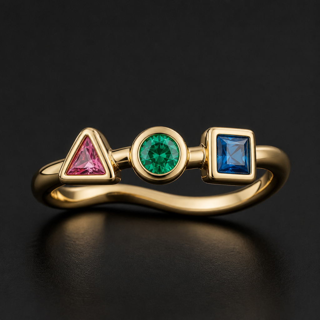 Triangle, circle and square with colorful diamonds inside with wavy gold band
photorealistic jewelry design, Triangle, circle and square with colorful diamonds inside with wavy gold band , geometric style, just the design no text