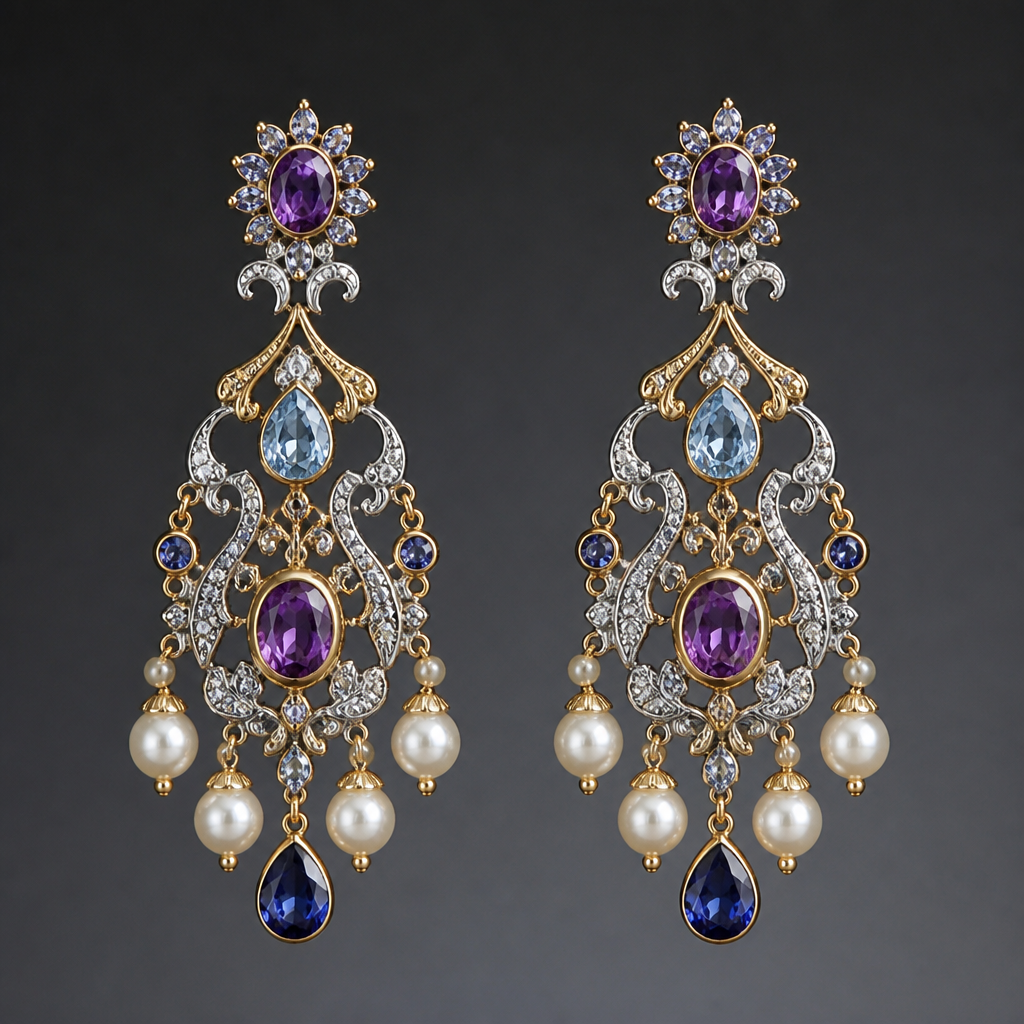 A chandelier women's earrings made of mixed metal with amethyst and pearl and sapphire and aquamarine stones suitable for formal