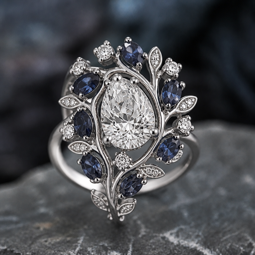 distribute accents more equally around the diamond
edit the attached jewelry design with these instructions: distribute accents more equally around the diamond. keep it photorealistic, just the design no text