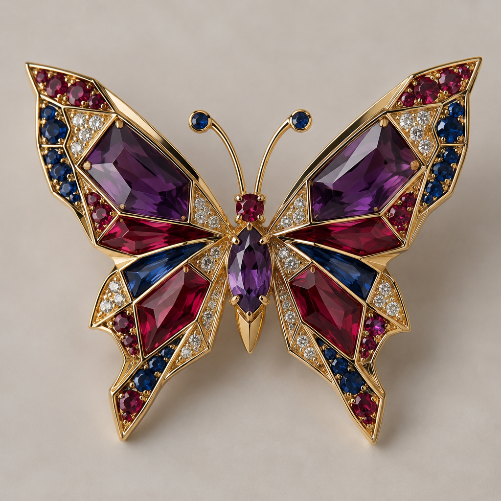 A geometric women's brooch made of gold with amethyst and ruby and sapphire stones suitable for birthday. A delicate butterfly shaped broach
photorealistic jewelry design, A geometric women's brooch made of gold with amethyst and ruby and sapphire stones suitable for birthday. A delicate butterfly shaped broach, geometric style, just the design no text