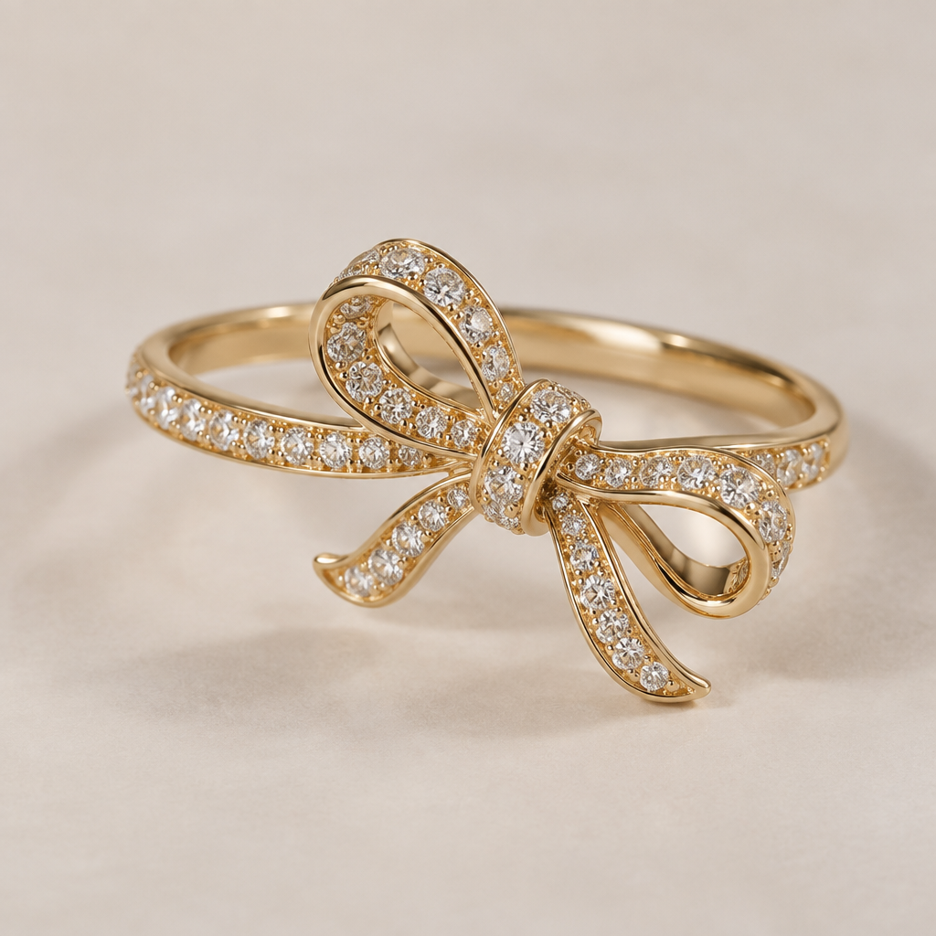 A minimalist women's ring made of gold with diamond stones suitable for gift, highly ornate, intricate and elaborate, richly detailed. ring with the aesthetic ribbon design and the ribbon is TILTING to right a bit. the ring goes around the ribbon NOT under the ribbon. the ribbon is tied like a single knot and the ribbon has two same size loops. the ribbon is round not flat and the tail of the ribbon is a little bit bendy.
photorealistic jewelry design, A minimalist women's ring made of gold with diamond stones suitable for gift, highly ornate, intricate and elaborate, richly detailed. ring with the aesthetic ribbon design and the ribbon is TILTING to right a bit. the ring goes around the ribbon NOT under the ribbon. the ribbon is tied like a single knot and the ribbon has two same size loops. the ribbon is round not flat and the tail of the ribbon is a little bit bendy., minimalist style, just the design no text