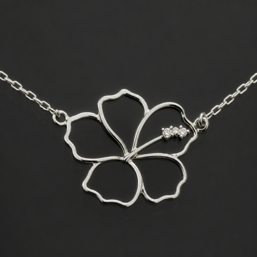 A women's necklace made of silver. hibicus vu de coté ligne fine et delicat ,3 tres petit diamand dans le milieu au bout de la tige interieur de la fleur vide, plus detail, 5 petales chaine de chaque coté, tige qui ne depasse la fleur, eleguente
photorealistic jewelry design, A women's necklace made of silver. hibicus vu de coté ligne fine et delicat ,3 tres petit diamand dans le milieu au bout de la tige interieur de la fleur vide, plus detail, 5 petales chaine de chaque coté, tige qui ne depasse la fleur, eleguente, modern style, just the design no text