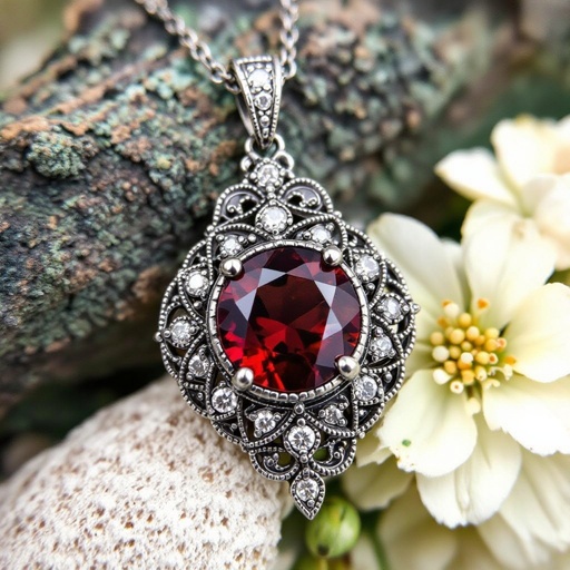 1 ct round garnet, surrounded by smaller diamonds on a necklace pendant 
