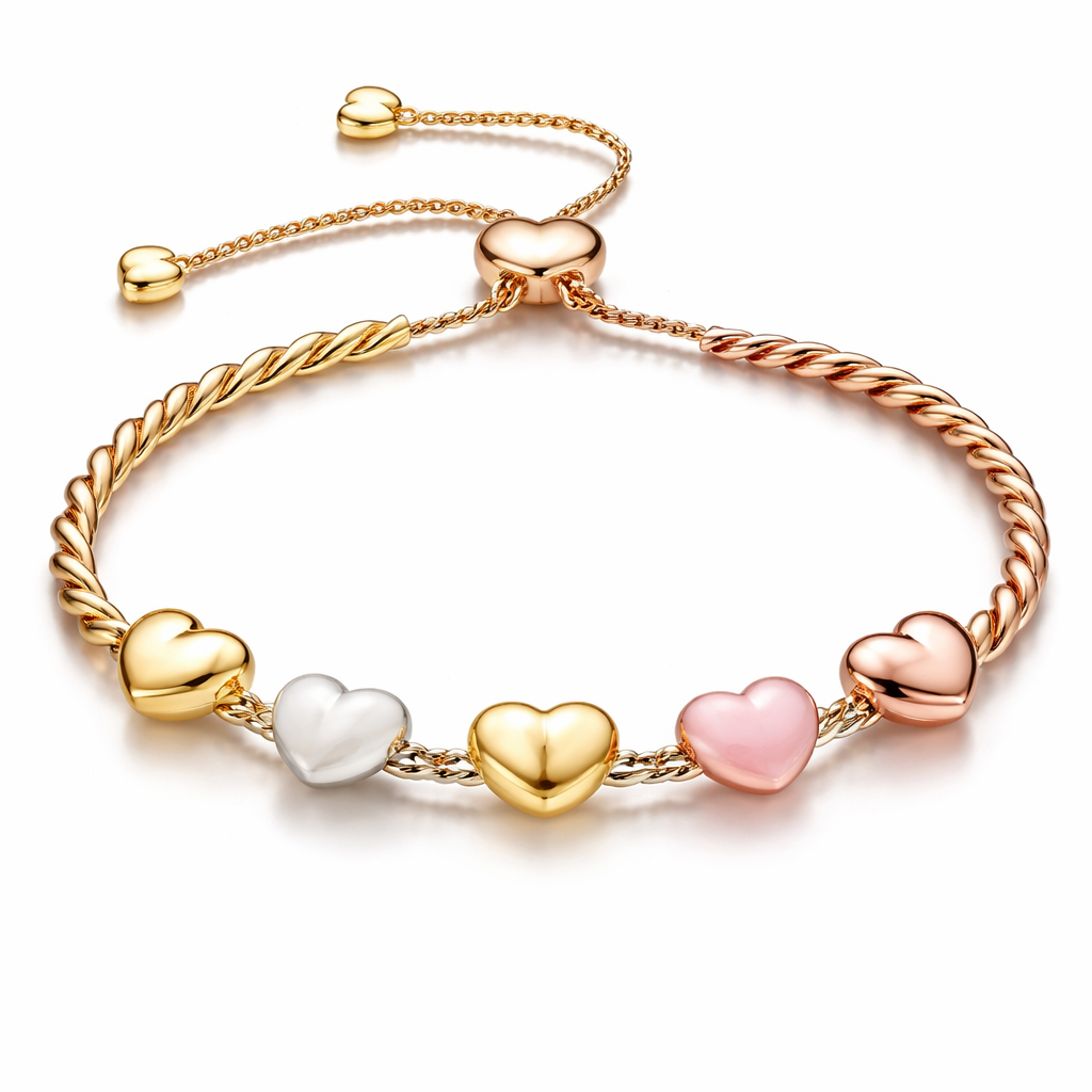 Adjustable bracelet, with hearts shaped beads, where it you adjust from,make it a twisted chain with one part yellow gold and the other rose gold.