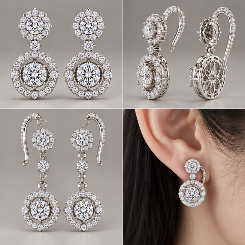 A women's earrings, highly ornate, intricate and elaborate, richly detailed. ตามแบบที่แนบไป สามารถถอดออกเป็นชิ้นๆ ได้, 4 view,เป็นตุ้งติ้งอ้อมหลังหู
using the attached image as a visual reference, create A women's earrings, highly ornate, intricate and elaborate, richly detailed. ตามแบบที่แนบไป สามารถถอดออกเป็นชิ้นๆ ได้, 4 view,เป็นตุ้งติ้งอ้อมหลังหู. photorealistic, just the design no text