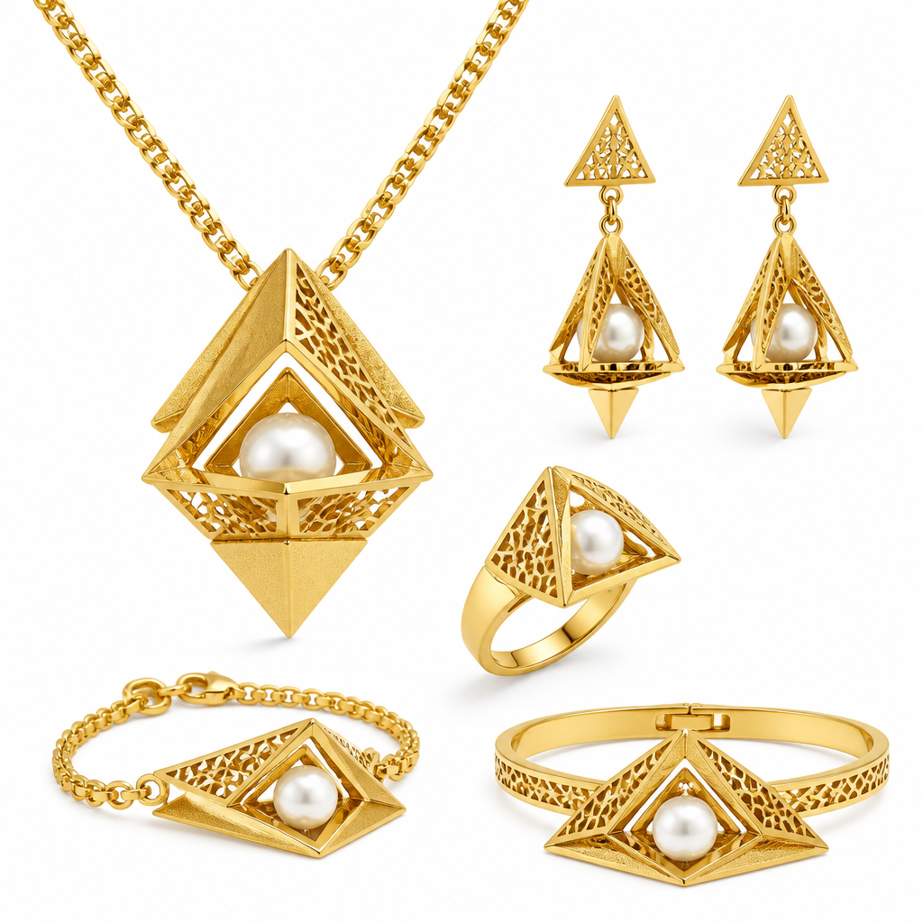 Create an exclusive haute joaillerie 21K yellow gold jewelry collection inspired by the majestic pyramids of Giza and contemporary Arabic architecture. The design should embrace minimalism with bold triangular geometry, clean lines, layered pyramid silhouettes, and delicate Islamic geometric motifs engraved into the gold. Natural white pearls float gracefully within the geometric framework, creating a striking contrast between softness and structure. Elegant proportions, luxurious craftsmanship, modern Middle Eastern aesthetic, premium high jewelry, polished yellow gold, subtle matte textures, architectural elegance, timeless luxury, editorial jewelry photography, ultra-realistic, cinematic lighting, white seamless background, 8K.
photorealistic jewelry design, Create an exclusive haute joaillerie 21K yellow gold jewelry collection inspired by the majestic pyramids of Giza and contemporary Arabic architecture. The design should embrace minimalism with bold triangular geometry, clean lines, layered pyramid silhouettes, and delicate Islamic geometric motifs engraved into the gold. Natural white pearls float gracefully within the geometric framework, creating a striking contrast between softness and structure. Elegant proportions, luxurious craftsmanship, modern Middle Eastern aesthetic, premium high jewelry, polished yellow gold, subtle matte textures, architectural elegance, timeless luxury, editorial jewelry photography, ultra-realistic, cinematic lighting, white seamless background, 8K., mediterranean style, just the design no text
