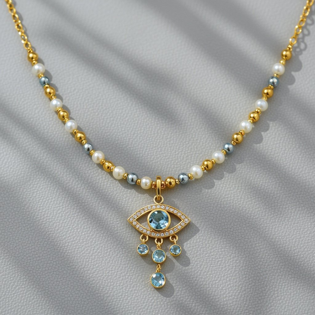 Тонкая цепочка с золотыми и серебряными шариками и мелкими жемчужными камушками на цепочке есть кулон в форме глаза, зрачок глаза из аквамарина от глаза идет маленькая подвеска с маленькими камушками аквамарина 