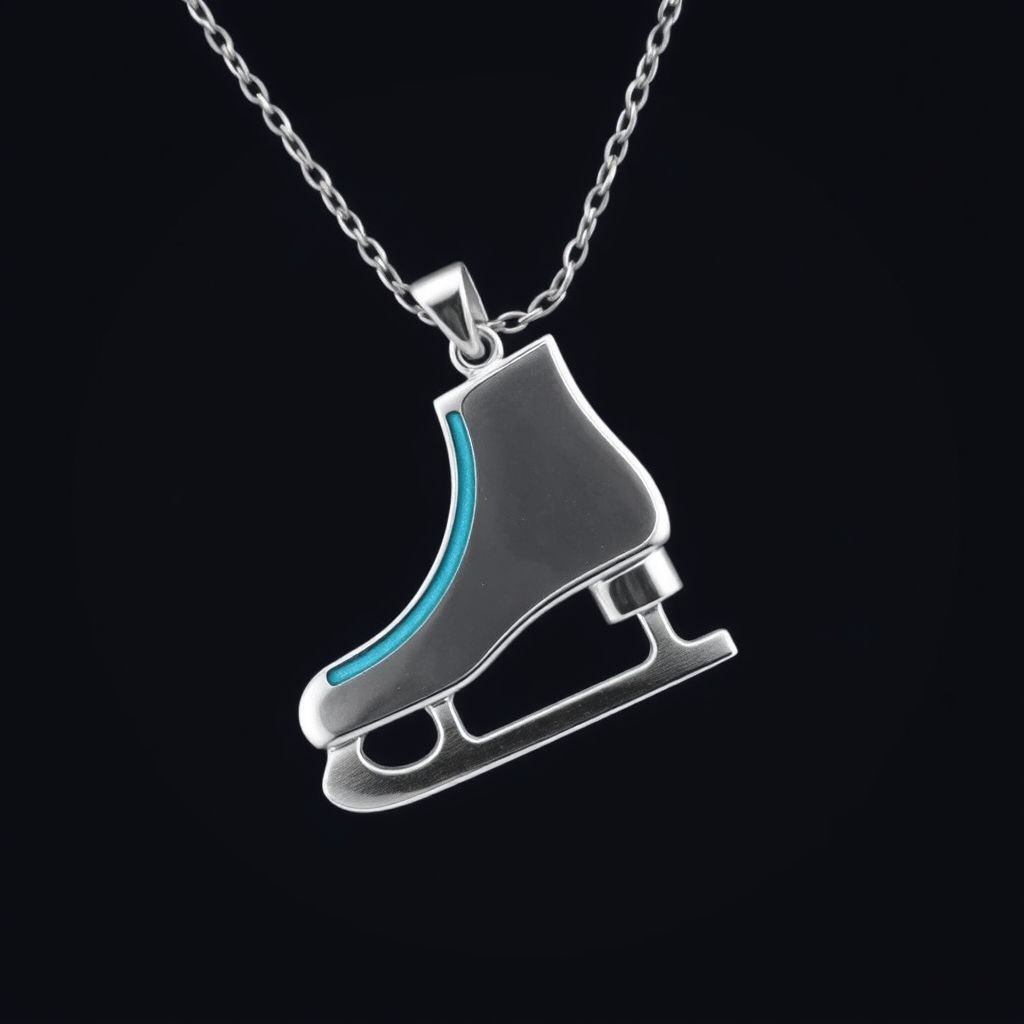 Silver Pendant shape one ice skate with turquoise stripe inside the low thin part blade 