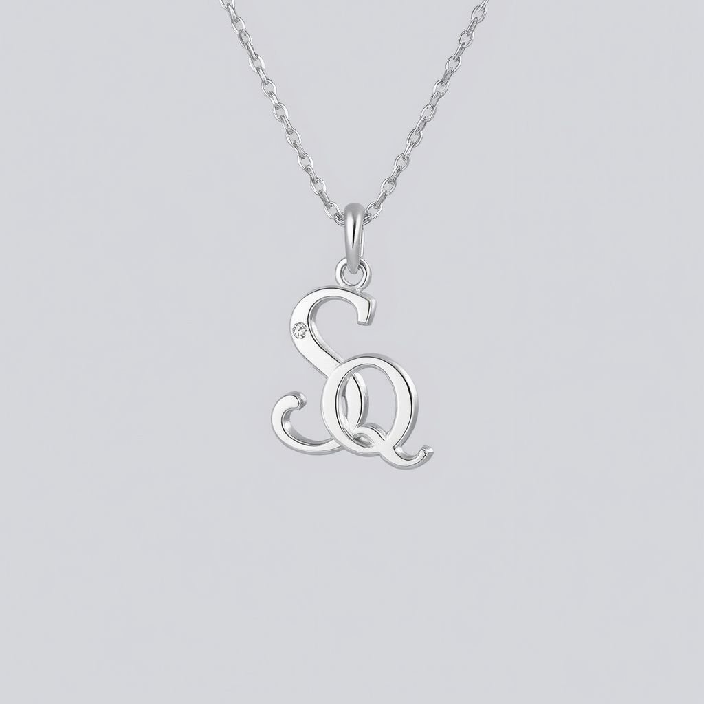 silver necklace with the pendant in conjoined letters SQ with white  stones. Make it cute and simple 