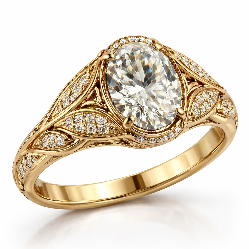 Design an elegant gold ring with leaf-shaped sides and set it with a beautiful oval-cut stone.