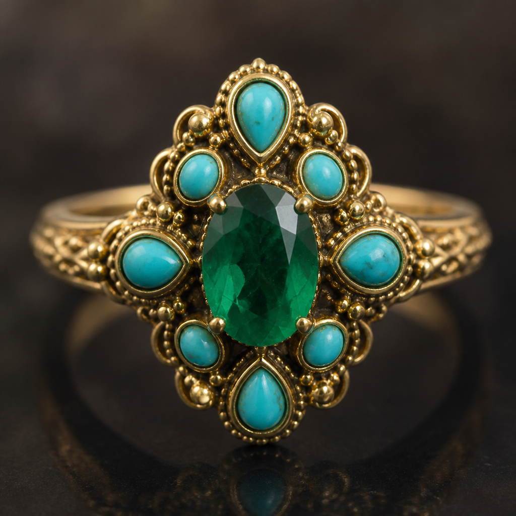 A vintage women's ring made of gold with emerald and turquoise stones suitable for formal, detailed and decorative, moderately ornate
photorealistic jewelry design, A vintage women's ring made of gold with emerald and turquoise stones suitable for formal, detailed and decorative, moderately ornate, vintage style, just the design no text