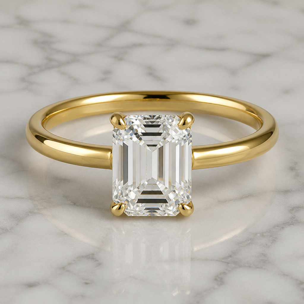 A modern women's ring made of gold with diamond stones. anillo Moissanite corte esmeralda de 2ct con engaste y anillo medida caña 2.5 mm
photorealistic jewelry design, A modern women's ring made of gold with diamond stones. anillo Moissanite corte esmeralda de 2ct con engaste y anillo medida caña 2.5 mm, modern style, just the design no text