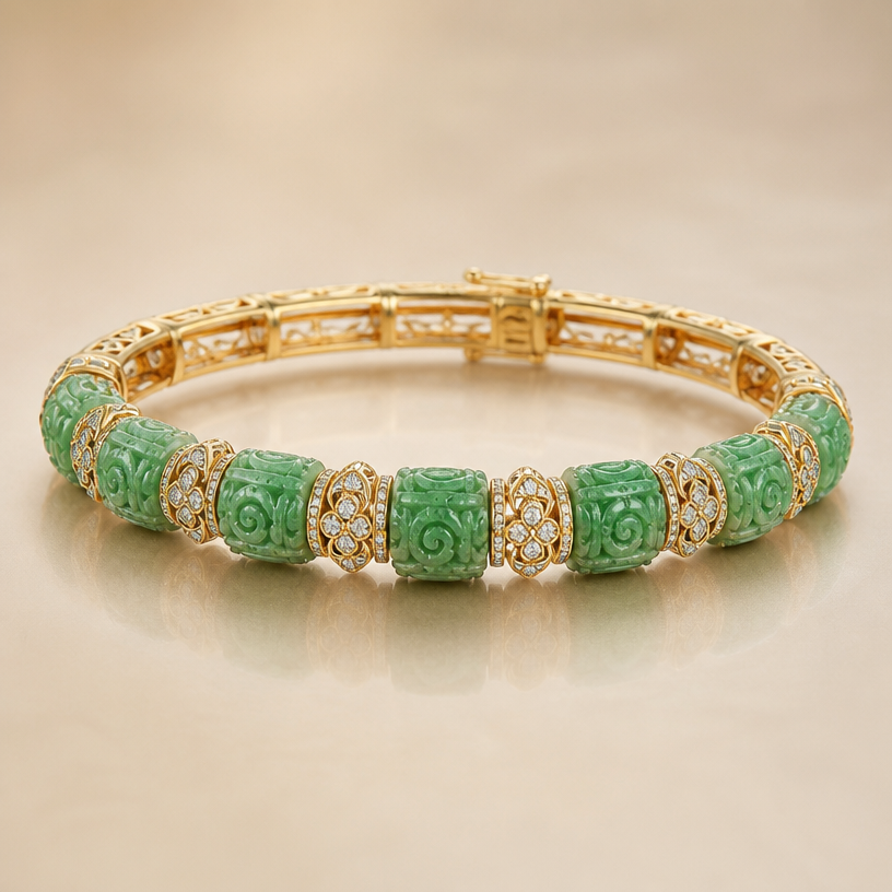 A bangle women's bracelet made of gold with diamond stones suitable for daily wear, detailed and decorative, moderately ornate. Use 12 tablets.
using the attached image as a visual reference, create A bangle women's bracelet made of gold with diamond stones suitable for daily wear, detailed and decorative, moderately ornate. Use 12 tablets.. photorealistic, just the design no text