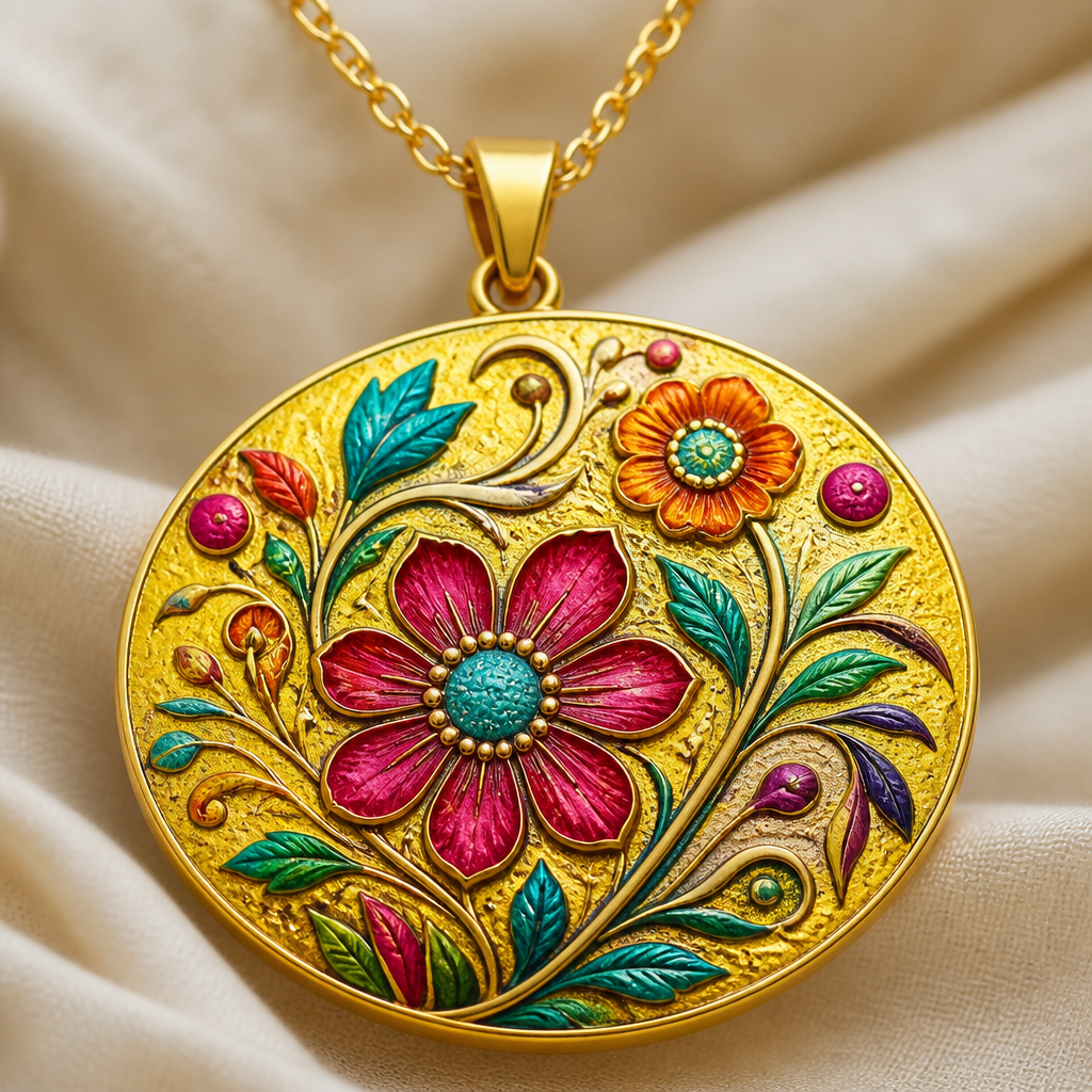 Create an image using attached embossed image. Brighten the yellow to a slightly more vibrant yellow. Paint the embossed image using bold contrasting colors but maintain the yellow as the base. Overall design should be artistic and eye catching, creating a wow factor.
photorealistic jewelry design, Create an image using attached embossed image. Brighten the yellow to a slightly more vibrant yellow. Paint the embossed image using bold contrasting colors but maintain the yellow as the base. Overall design should be artistic and eye catching, creating a wow factor., bohemian style, just the design no text