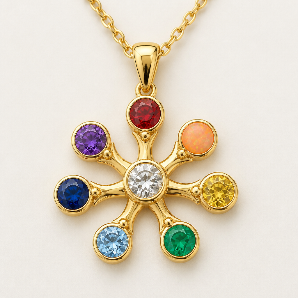 A pendant women's necklace made of gold with ruby and opal and topaz and emerald and aquamarine and sapphire and amethyst and diamond stones suitable for gift. Pendentif en or en forme de soleil avec sept branches, (dans le sens des aiguilles d'une montre) première branche un rubis, deuxième branche une opale orange, troisième branche une topaze jaune, quatrième branche une émeraude, cinquième branche une aigue marine, sixième branche un saphir, septième branche une améthyste et au milieu du pendentif un diamant (toutes les pierres font 5mm de diamètre)
photorealistic jewelry design, A pendant women's necklace made of gold with ruby and opal and topaz and emerald and aquamarine and sapphire and amethyst and diamond stones suitable for gift. Pendentif en or en forme de soleil avec sept branches, (dans le sens des aiguilles d'une montre) première branche un rubis, deuxième branche une opale orange, troisième branche une topaze jaune, quatrième branche une émeraude, cinquième branche une aigue marine, sixième branche un saphir, septième branche une améthyste et au milieu du pendentif un diamant (toutes les pierres font 5mm de diamètre), pendant style, just the design no text
