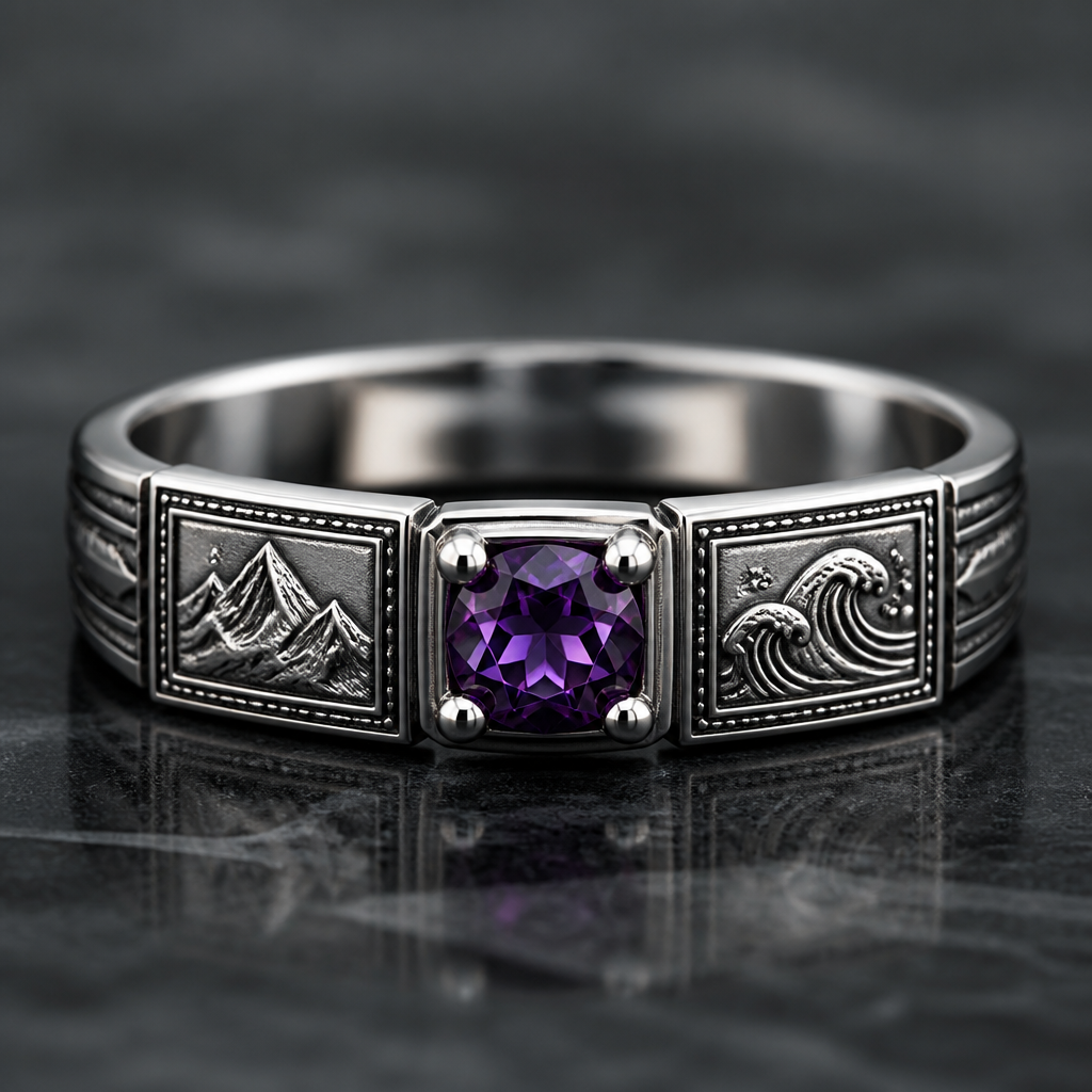 Band ring with purple jewel in the middle and put three box designs on the ring with each box having a engraved picture in the middle of them
photorealistic jewelry design, Band ring with purple jewel in the middle and put three box designs on the ring with each box having a engraved picture in the middle of them, just the design no text