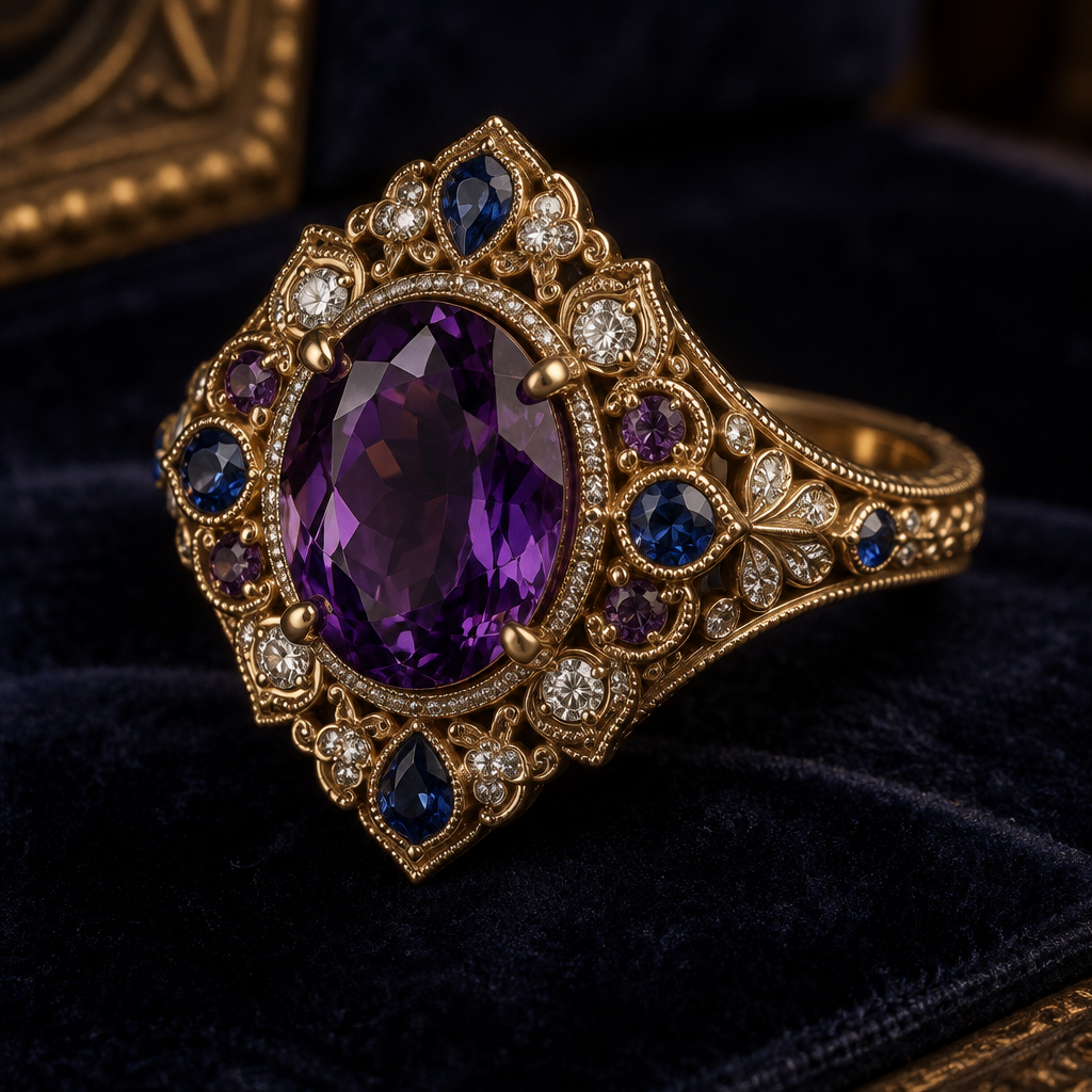 A vintage women's ring made of rose gold with diamond and aquamarine and amethyst stones suitable for daily wear, detailed and decorative, moderately ornate. Vintage Royal Amethyst, Sapphire & Diamond Jewelry
Design an exquisite vintage-inspired luxury jewel influenced by Edwardian and Art Deco high jewelry from the 1920s. Feature a large, deep violet amethyst as the central gemstone, surrounded by brilliant-cut diamonds and rich royal-blue sapphires arranged in an intricate, symmetrical pattern. Set the gemstones in polished yellow gold with delicate filigree, milgrain edges, fine engraved details, and elegant floral motifs. The design should feel regal, romantic, mysterious, and timeless, like a rare heirloom from an old European royal family. Intricate craftsmanship, realistic gemstones, luxurious antique aesthetic, refined proportions, photorealistic jewelry rendering, soft dramatic lighting, dark velvet background.
photorealistic jewelry design, A vintage women's ring made of rose gold with diamond and aquamarine and amethyst stones suitable for daily wear, detailed and decorative, moderately ornate. Vintage Royal Amethyst, Sapphire & Diamond Jewelry
Design an exquisite vintage-inspired luxury jewel influenced by Edwardian and Art Deco high jewelry from the 1920s. Feature a large, deep violet amethyst as the central gemstone, surrounded by brilliant-cut diamonds and rich royal-blue sapphires arranged in an intricate, symmetrical pattern. Set the gemstones in polished yellow gold with delicate filigree, milgrain edges, fine engraved details, and elegant floral motifs. The design should feel regal, romantic, mysterious, and timeless, like a rare heirloom from an old European royal family. Intricate craftsmanship, realistic gemstones, luxurious antique aesthetic, refined proportions, photorealistic jewelry rendering, soft dramatic lighting, dark velvet background., vintage style, just the design no text