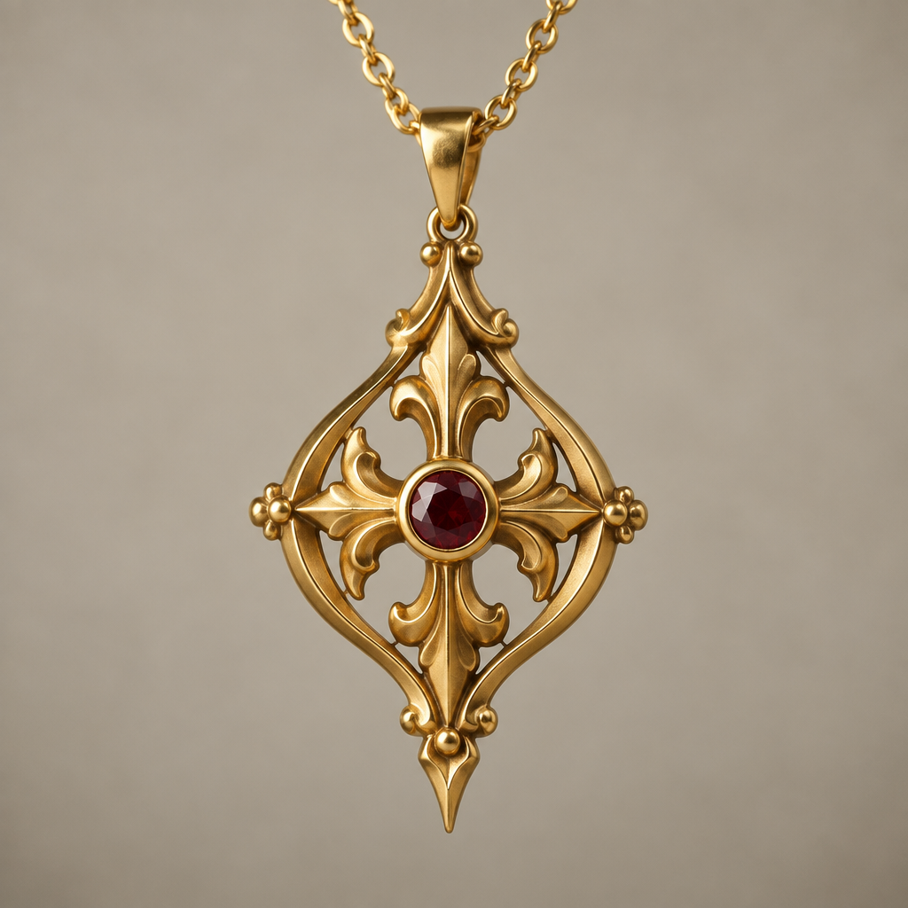 A medieval women's pendant made of gold suitable for daily wear
photorealistic jewelry design, A medieval women's pendant made of gold suitable for daily wear, medieval style, just the design no text