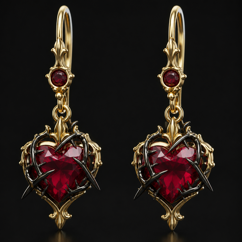A gothic women's earrings made of gold with ruby stones suitable for engagement. gold earrings with ruby heart and black thorns holding it around and peaking slightly