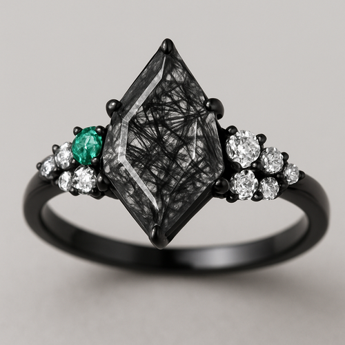 Kite cut Black rutilated quartz with 1 emerald on each side and 3 moissanite on each side accent stones in a cluster on a black band, wedding band black with moissanite stones that curves around the main stone 