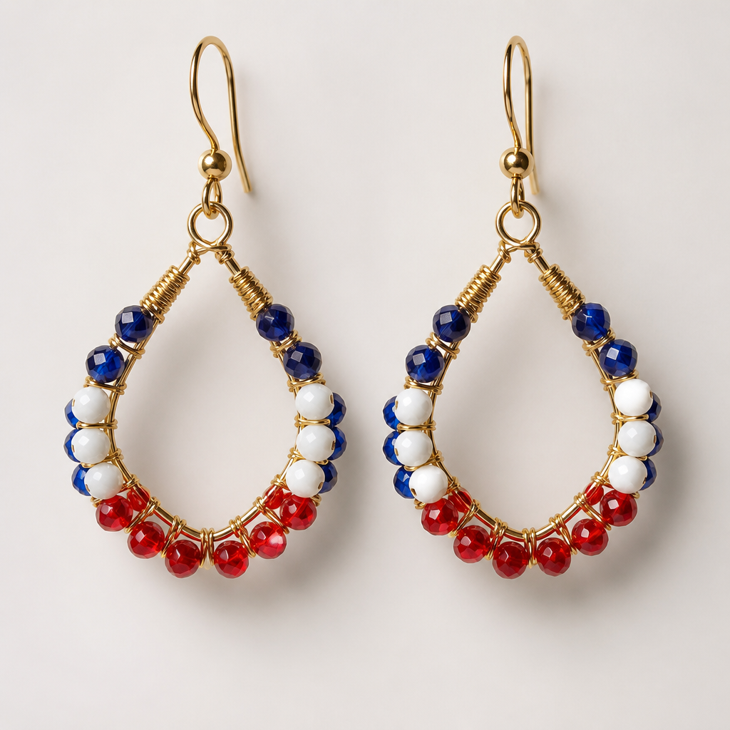 A women's earrings suitable for daily wear. create earrings for 4th of july from beads and wire
photorealistic jewelry design, A women's earrings suitable for daily wear. create earrings for 4th of july from beads and wire, modern style, just the design no text