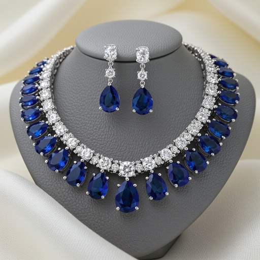 luxury necklace style and luxury earring set Platinum necks lace, sapphire , diamond accents, prong setting. Matching platinum earrings, sapphire pear drops, diamond accents, prong setting.