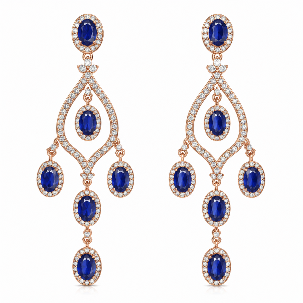 Sapphire ovals pink gold earrings
photorealistic jewelry design, Sapphire ovals pink gold earrings , chandelier style, just the design no text