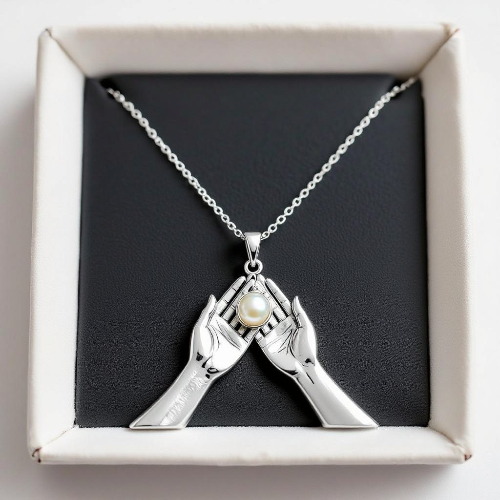 Украшение на шею серебряная цепочка с подвеской в виде двух ладоней которые держат жемчужину по центру