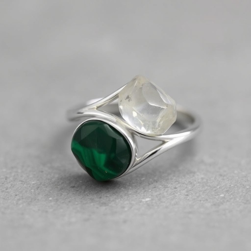 Design silver adjustable ring, use minimum silver, use 2 raw natural gemstones 
