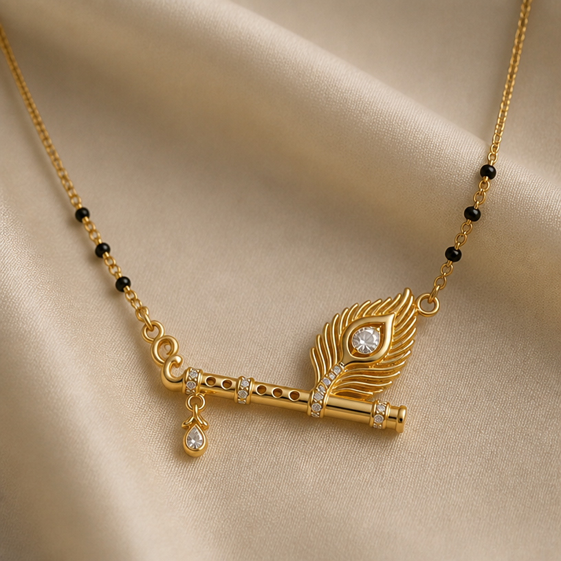 Less black beads. Give another pendant design with gold n diamond - flute , peacock feather
edit the attached jewelry design with these instructions: Less black beads. Give another pendant design with gold n diamond - flute , peacock feather. keep it photorealistic, just the design no text