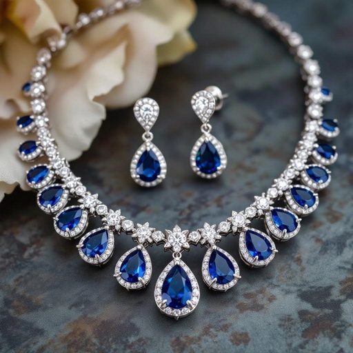 luxury necklace style and luxury earring set Platinum necks lace, sapphire pear drops, diamond accents, prong setting. Matching platinum earrings, sapphire pear drops, diamond accents, prong setting.