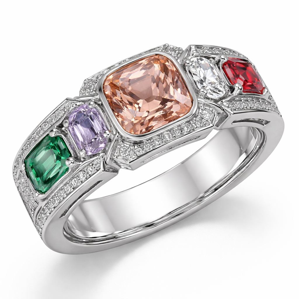Crée moi une bague avec une morganite coussin une tsavorite taille émeraude un diamant rond un Spinel Lila taille émeraude et un Spinel rouge coussin les pierre font moins d’un demi carat sauf la morganite les pierres sont intégrés dans le corp de bague en sertie masse