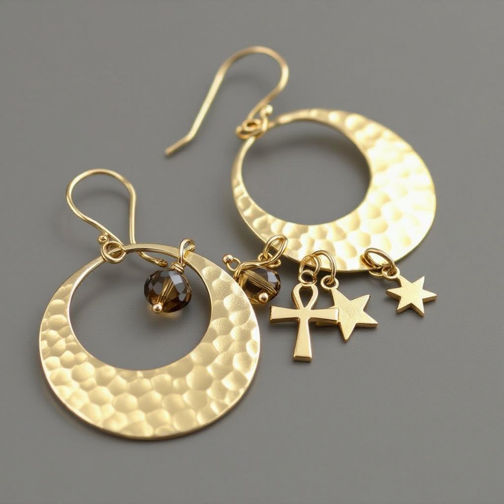 Золотые серьги словно мятое золото в форме узкого изящного полумесяца. Верхушка полумесяца крепится к застежке серьги. К нижней части полумесяца крепятся три подвески: миниатюрный золотой египетриский крест, очень маленький кристалл раухтопаза и маленькая золотая звездочка