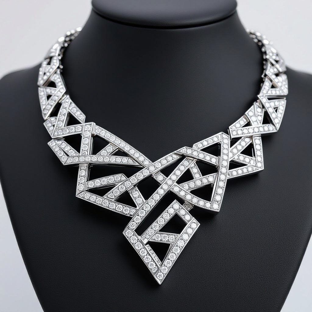 Geomatric big necklace of diamonds of abstract and moder shape and modern style for a show to see all the details of the necklace of edge and modern contemporary style 