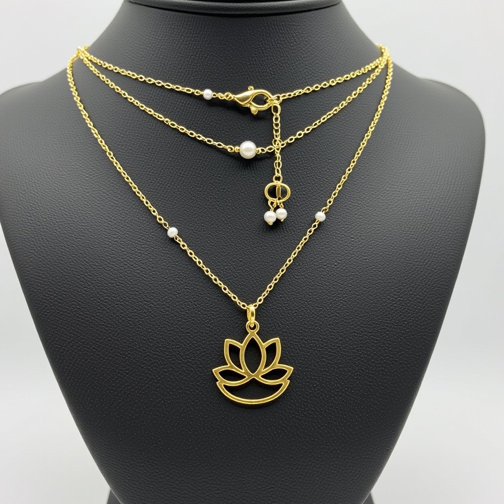 Кулон на длинной цепочке. Матовое светлое золото. В цепочке небольшие золотые шарики и жемчуг. Кулон в виде двух глаз над ними лотос узоры завитушки 
