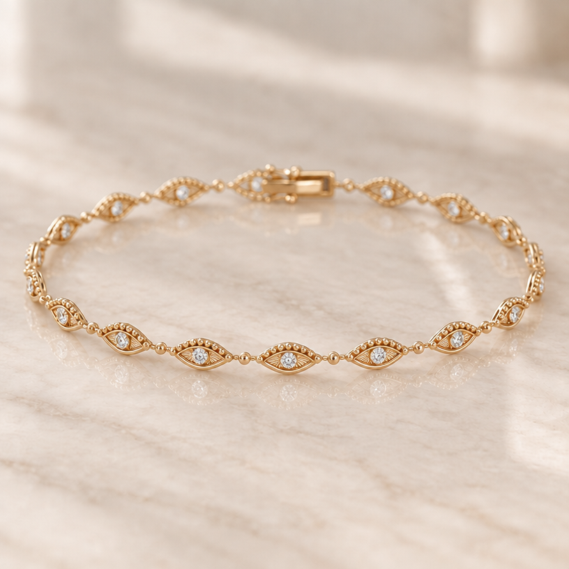 Edit the bracelet to look much finer, smaller, and more luxurious, closely following the reference. Reduce the overall size of every eye motif so the bracelet feels dainty and elegant, not chunky or tacky. Use a soft, refined 18k champagne-gold tone, not bright or overly yellow gold. Each eye must have a clean solid-gold almond-shaped outline, and the tiny decorative gold dots must sit OUTSIDE and ABOVE the eye’s outline as a separate ornamental border — they must NOT replace, overlap, or form the outline itself. Fill the interior of each eye with polished gold and add fine engraved/radiating lines inside the eye, spreading outward like subtle sun rays, exactly like the vintage sunburst effect in the reference. Place one small brilliant white diamond at the center of each eye as the pupil. Make the dots, lines, eye shapes, connections, and diamonds all smaller and more delicate, with very precise fine-jewelry proportions. The final bracelet should feel vintage-inspired, intricate, feminine, expensive, and refined, with significantly less visual bulk than the current version.
Edit the bracelet to look much finer, smaller, and more luxurious, closely following the reference. Reduce the overall size of every eye motif so the bracelet feels dainty and elegant, not chunky or tacky. Use a soft, refined 18k champagne-gold tone, not bright or overly yellow gold. Each eye must have a clean solid-gold almond-shaped outline, and the tiny decorative gold dots must sit OUTSIDE and ABOVE the eye’s outline as a separate ornamental border — they must NOT replace, overlap, or form the outline itself. Fill the interior of each eye with polished gold and add fine engraved/radiating lines inside the eye, spreading outward like subtle sun rays, exactly like the vintage sunburst effect in the reference. Place one small brilliant white diamond at the center of each eye as the pupil. Make the dots, lines, eye shapes, connections, and diamonds all smaller and more delicate, with very precise fine-jewelry proportions. The final bracelet should feel vintage-inspired, intricate, feminine, expensive, and refined, with significantly less visual bulk than the current version.