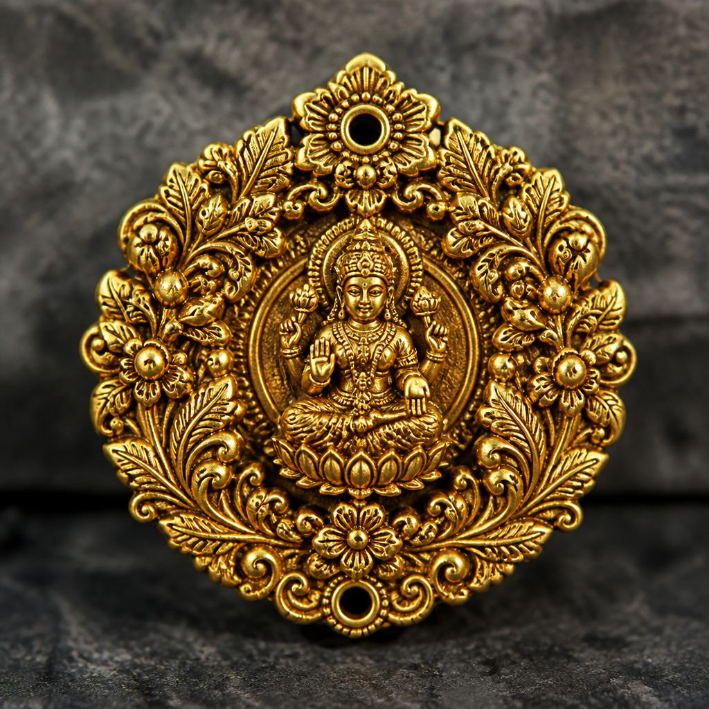 The centre of the Muggapu design should be Lakshmi, while the outer side should be adorned with gold ornaments and naksi work resembling leaves and flowers. Additionally, there should be a hole on the front side to pass a chain.
photorealistic jewelry design, The centre of the Muggapu design should be Lakshmi, while the outer side should be adorned with gold ornaments and naksi work resembling leaves and flowers. Additionally, there should be a hole on the front side to pass a chain.
, vintage style, just the design no text