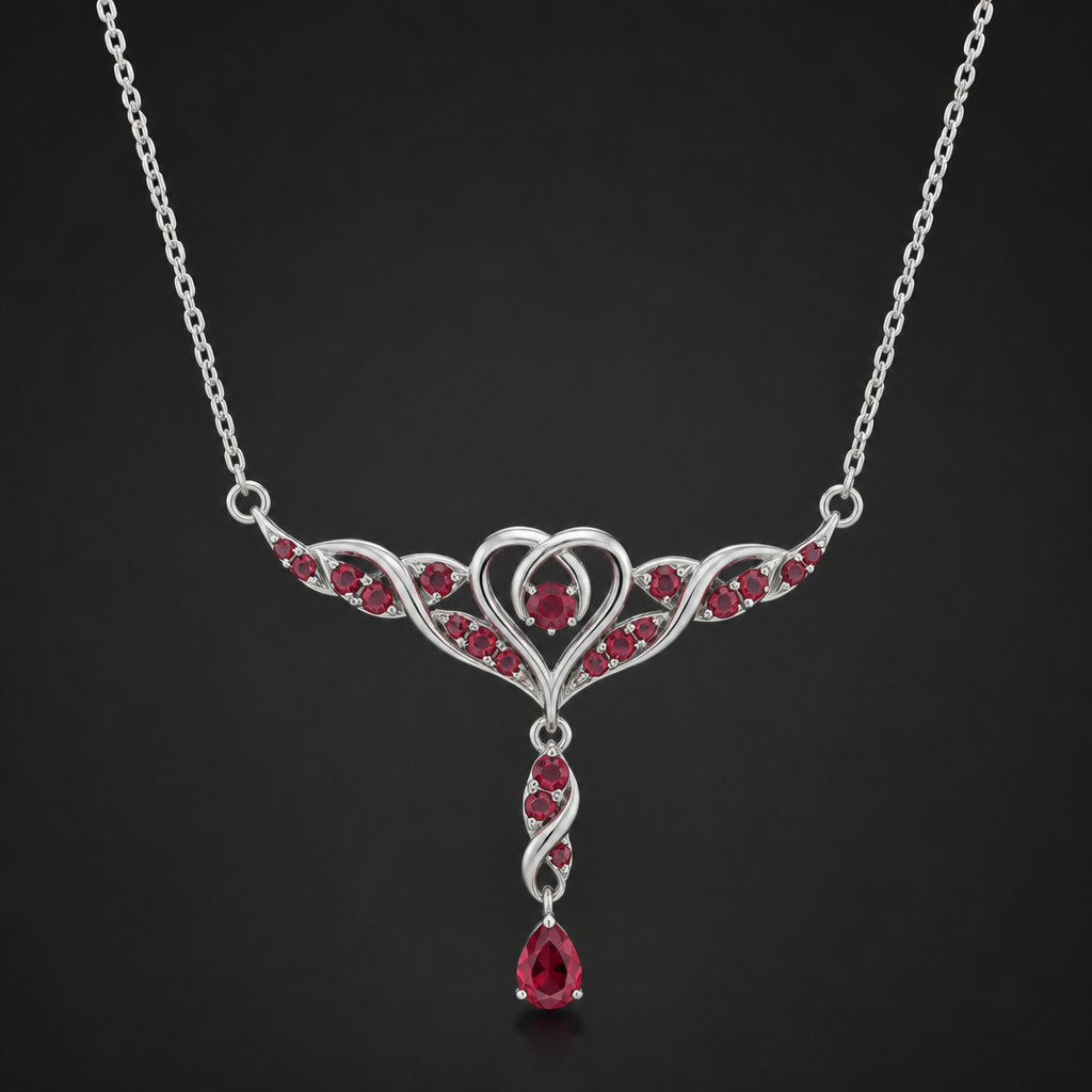 A women's necklace with ruby stones suitable for anniversary. a silver necklace that says R.I.P BWHWADLAD
photorealistic jewelry design, A women's necklace with ruby stones suitable for anniversary. a silver necklace that says R.I.P BWHWADLAD, modern style, just the design no text