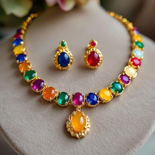 Necklace and ring and earring with luxury colorful jewel with gold