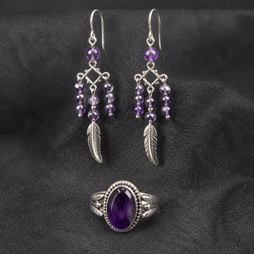 A women's ring with amethyst stones. feather earrings
using the attached image as a visual reference, create A women's ring with amethyst stones. feather earrings. photorealistic, just the design no text