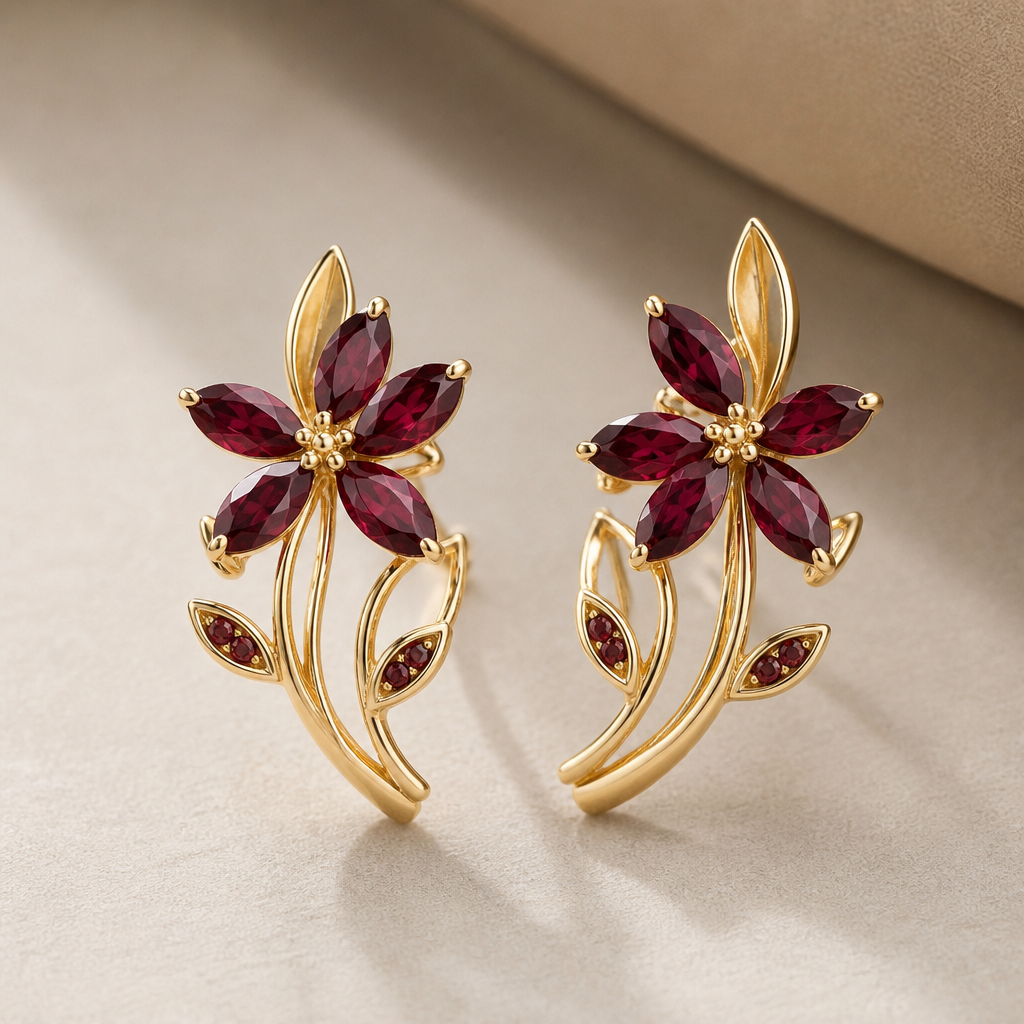 A women's earrings. make this to gold and place maroon colour stones in floral design
photorealistic jewelry design, A women's earrings. make this to gold and place maroon colour stones in floral design, modern style, just the design no text